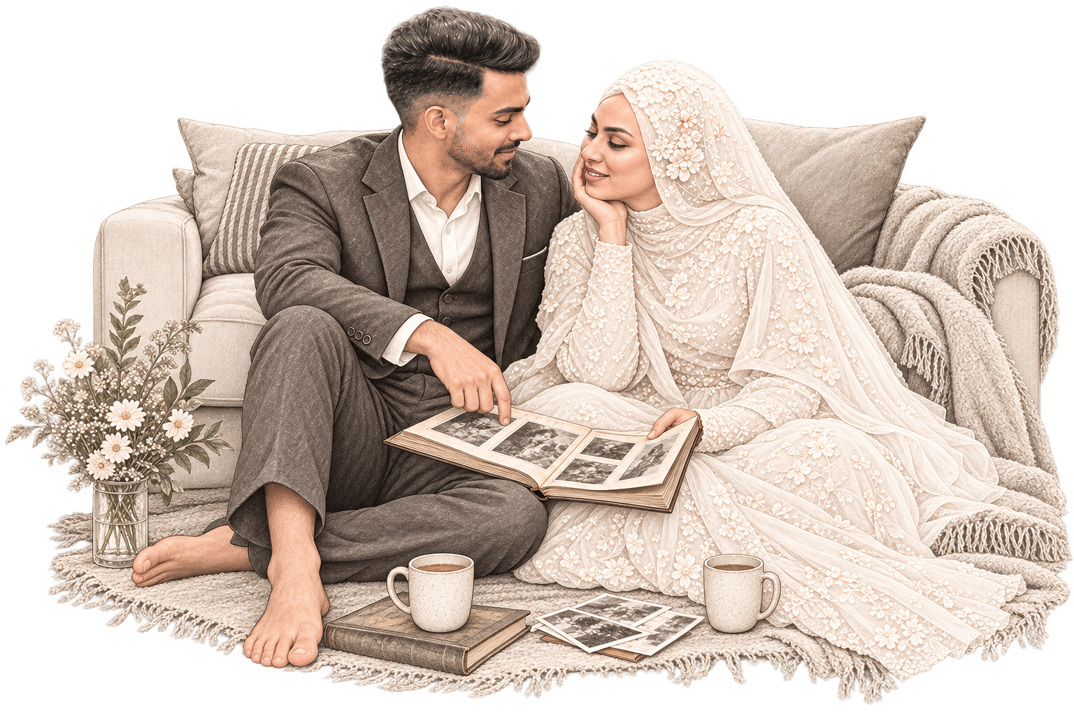 Shefeer and Afna looking through a photo album