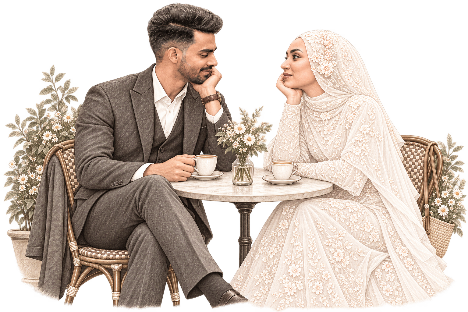 Shefeer and Afna sharing tea at a cafe